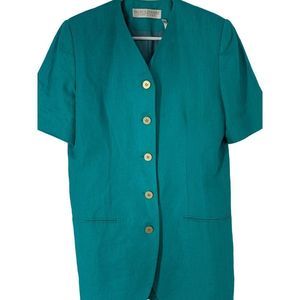 Vintage Valerie Stevens Linen Short Sleeve Blazer Top Blue Aqua Size S 4/6 5186